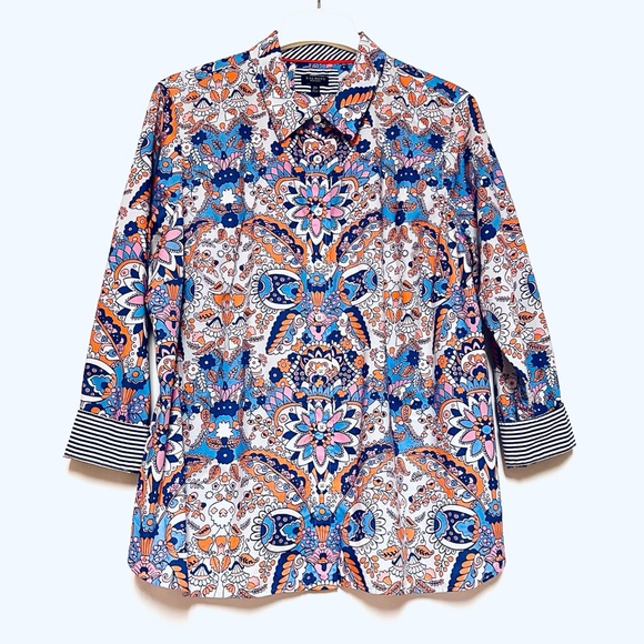 Talbots Button Down Blouse Womens Plus SZ 2XP Colorful Paisley Flip Cuff Retro - Picture 4 of 9